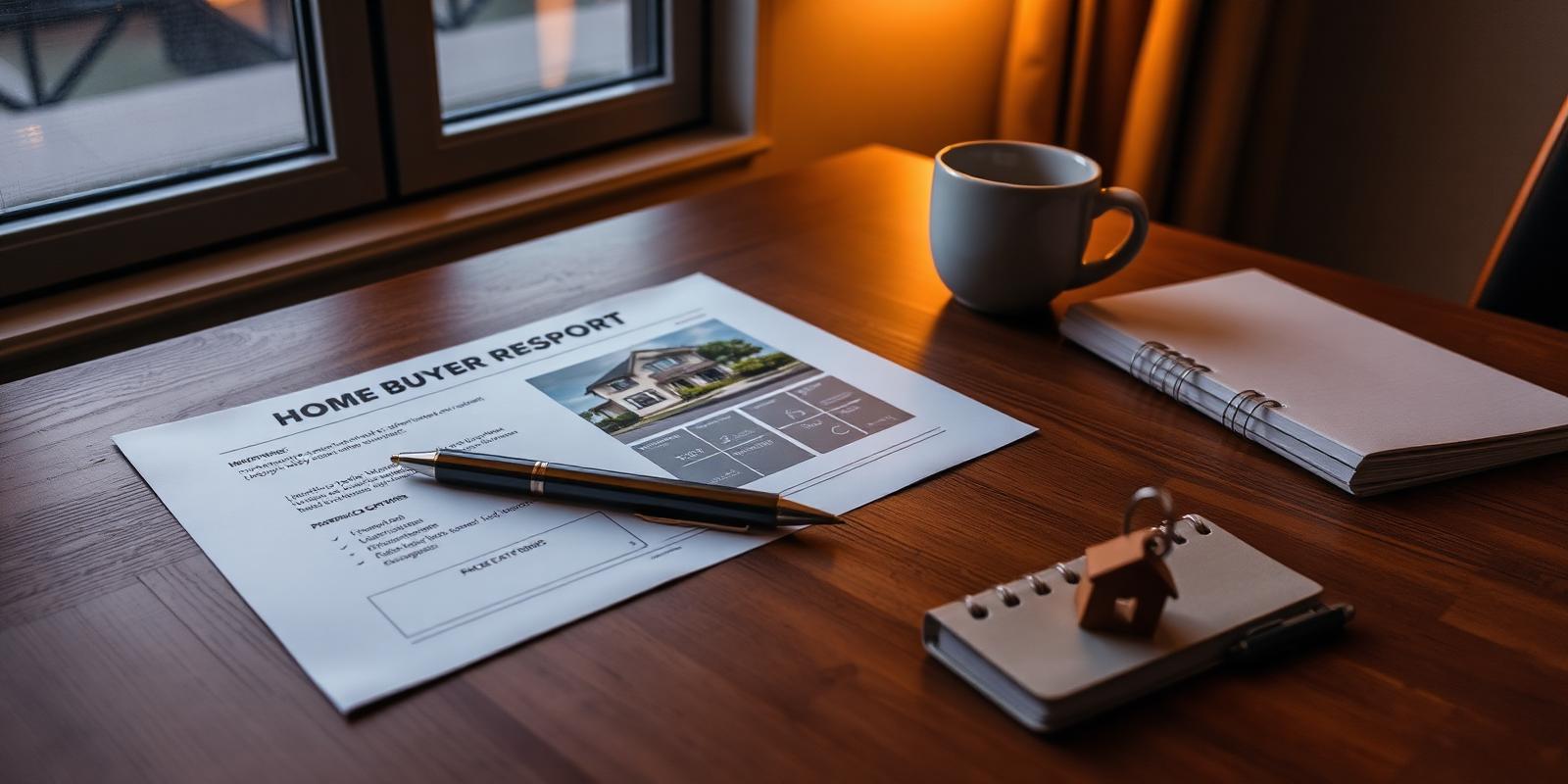A home buying decision desk with a printed property report, a pen, a coffee cup and a small house key.