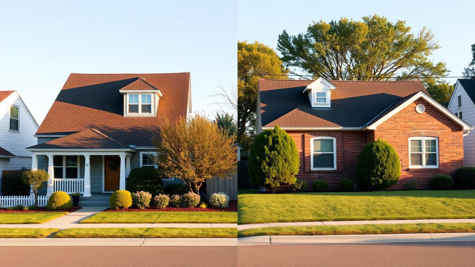 A couple standing on the sidewalk in front of a small American home at dusk, one looking up at the roof, the other reading notes on a phone.