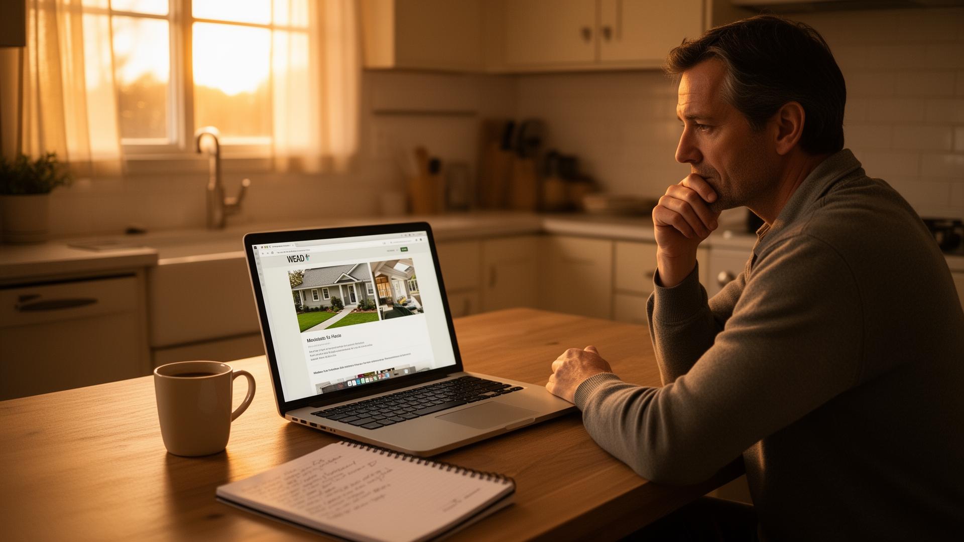 A warm kitchen table with a buyer's home reality board, mortgage estimate, listing photo, inspection checklist, calculator and two coffee cups in evening light.
