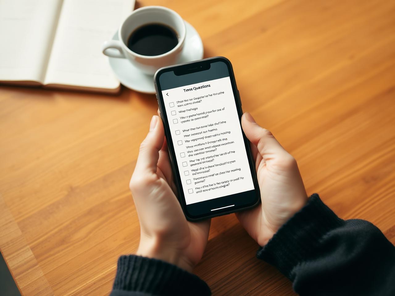 A buyer's phone resting on a kitchen table beside a handwritten checklist of questions for the agent and lender.