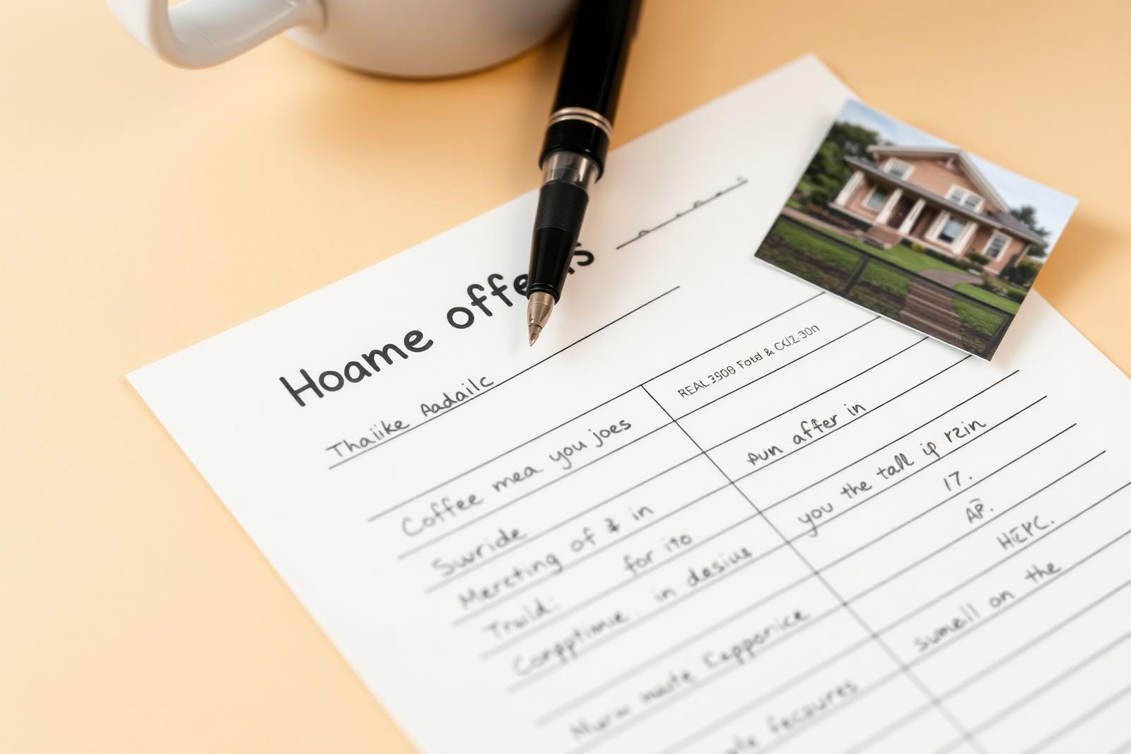 A handwritten offer worksheet on a kitchen table, with a calculator, a pen, and a printed listing photo of a small home.